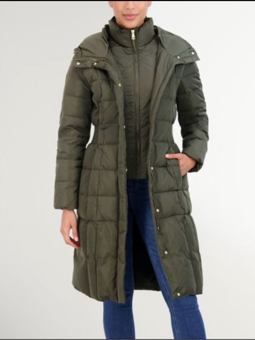Cole Haan Signature Olive Green Long Down Feather Quilted Coat Medium